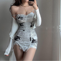 WOMENGAGA Elegant Lace Mesh Newspaper Printing Slim Side Split Sexy Skinny Strap Tank Mini Dress Irregular Dresses Korean QYI2