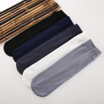 ‘；’ New Solid 5Pairs/Lot Business Mens Summer Socks Thin Silk High Elastic Nylon Breathable Casual Short Crew Socks Male Cool Socks
