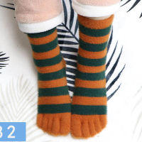 Womens Thick Five Finger Socks Winter Warm Coral Fleece Fluffy Toe Socks Striped Soft Cozy Hosiery Girls Female Floor Slippers