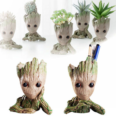 กระถางต้นไม้ Groot แอ็คชั่นน่ารักเด็กกระถางดอกไม้ฮีโร่รุ่นเรือของเล่นปากกาผู้ถือหม้อกล่อง Baby Tree Man Flowerpot