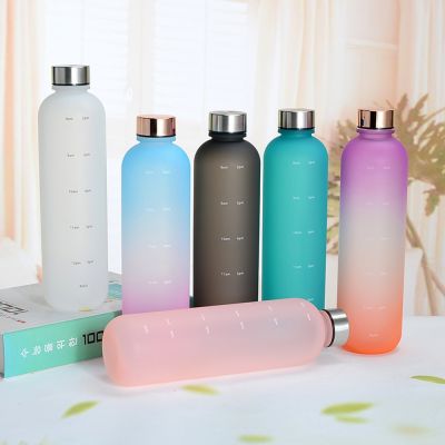 ☾ 1L Gradient Color Water Bottle With Time Stamp Scale For Sports Portable Frosted Water Bottle Stainless Steel Cover Space Cup