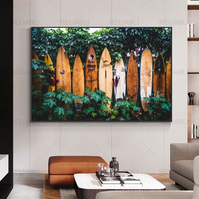 ภาพการตกแต่งในเขตร้อนชื้นโปสเตอร์ศิลปะบนผนัง Surf เขตร้อนกระดานโต้คลื่นแบบฮาวายไม่มีกรอบการตกแต่งบ้านผ้าใบวาดภาพอนาคต Heyuan