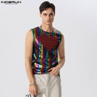 hot【DT】 Men Patchwork Sparkling O-neck Sleeveless Vests Streetwear 2023 Fashion Clothing S-5XL