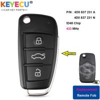 KEYECU Upgraded Flip Remote Car Key for Audi A3 A4 A6 A8 Old Models Fob 3 Button - 433MHz - ID48 Chip - 4D0837231A / 4D0837231N