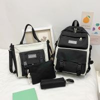 [COD] Large-capacity campus student schoolbag female 2022 new splicing contrast travel bag trendy four-piece backpack