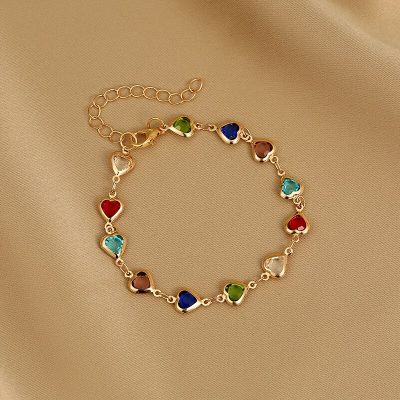 Exquisite Colorful Heart Bracelet for Women Charm Korean Crystal Zircon Metal Chain Bracelets Bangle Party Birthday Jewelry Gift