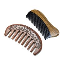 2 Pcs Anti Static Natural Wooden Hair Comb: 1 Pcs Fine Tooth Green Sandalwood Comb Black Buffalo Horn Comb &amp; 1 Pcs Wood Comb Flower-Wide Tooth Comb