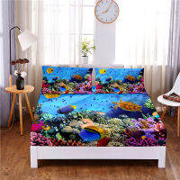 Seafloor Animals Digital Printed 3pc Polyester Fitted Sheet Mattress Cover Four Corners with Elastic Band Bed Sheet Pillowcases