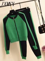 【DT】hot！ Two-Piece Sweater Cardigan Jacket New Womens Knitted Fashion Baseball Zip Top And Pants Set