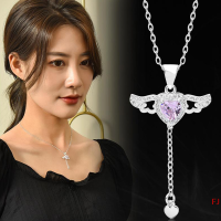 ?FJ? สร้อยคอจี้รูปหัวใจ zircon Angel Wings เครื่องประดับผู้หญิง Y2K เรียบง่ายสีชมพูเพทายสีขาวสร้อยคอสุดหรู