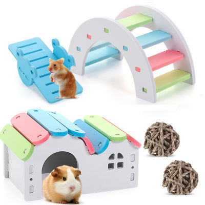 daoqiwangluo 1pcs Fun Rainbow Hamster Toys Set Wooden Hamster House Swing and Exercise Chew Grass Balls for Small Hamsters Mice Gerbils and Other Pets