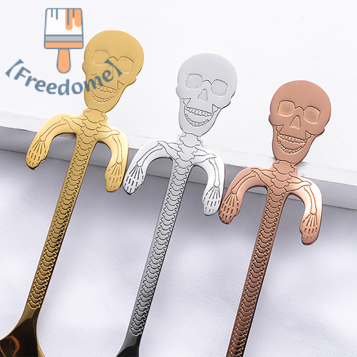 freedome-ช้อนสแตนเลสลายกะโหลกสำหรับวันฮาโลวีน2023ช้อนกาแฟของหวานเครื่องใช้บนโต๊ะอาหารตกแต่งสำหรับงานเลี้ยงน้ำชาฮาโลวีน