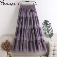 Sweet kawaii Chiffon Lace Stitching A-line pleated skirt Womens High Waist Midi Skirts Black Purple Elegant Party Long Skirt