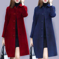 K&amp;WM   เสื้อกันหนาว ผญ ปีใหม่สีแดง ClothesWomen อบอุ่นสบาย Pea Coat ปกกระดุมแถวเดียวแขนยาวพอดีตัวสีทึบเรียบง่ายเสื้อแจ็คเก็ตโอเวอร์โค้ทยาวกลาง