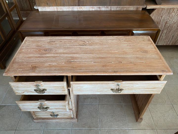 โต๊ะทำงานไม้สัก-จัดส่งทั้งโต๊ะ-โต๊ะคอนโซล-กว้าง-120-ซม-มี-2-สี-5-ลิ้นชัก-โต๊ะไม้สัก-รับประกันการจัดส่ง-โต๊ะชิดผนัง-งานสวย-teak-wooden-desk