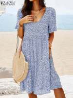 ZANZEA Floral Printing Dress Summer Women Short Sleeve O-Neck Dresses Bohemian Holiday Casual Beach Robe Knee Length Sundress