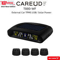 CAREUD T880B-WF จอแสดงผล LCD ระบบการตรวจสอบแรงดันยางรถยนต์ Car Car TPMS ไร้สายภายนอกของรถพร้อมเซ็นเซอร์4ตัวยูเอสบีชาร์จไว Car ขั้นสูงพลังงานแสงอาทิตย์รุ่น2023ใหม่