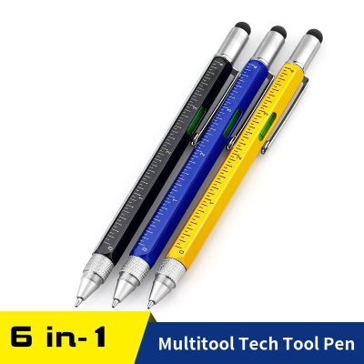 ปากกาไขควงเครื่องมืออเนกประสงค์6 In 1พร้อมไม้บรรทัดวัดระดับปากกาลูกลื่นและไส้ปากกาปากกาของขวัญสำหรับผู้ชายอุปกรณ์สุดเจ๋ง