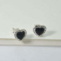 Silver thai Silver White Crystal Onyx Heart Halo Stud Earrings, ต่างหูคริสตัลเงินแท้สีขาวคริสตัลนิลสีดำเงินแท้925 , Heart Crystal Ear stud