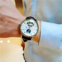 ⌚นาฬิกาข้อมือกลไกกันน้ำสีทองสำหรับผู้ชายนาฬิกาข้อมือผู้ชายหนังของแท้ลำลองหน้าปัดนาฬิกานาฬิกาบุรุษใหม่