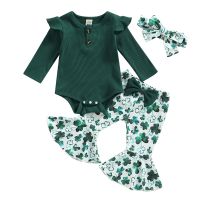 ✻✑✤ St Patricks Day Costume 3Pcs Baby Girl Clothes Solid Color Long Fly Sleeve Crew Neck Romper Clover Print Flare Pants Headband