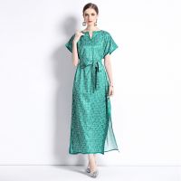 Women Dress Fashion Versatile One Line Neck Loose Drawstring Green Dress with Belt