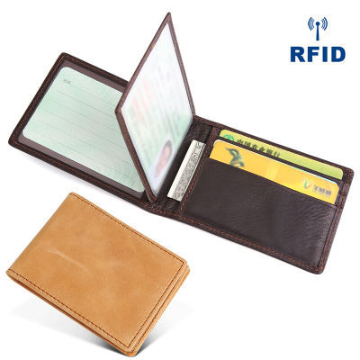 คุณภาพสูงกระเป๋าเก็บบัตร ID เครดิตกันขโมย RFID แบบบางหนังเครซีฮอร์สแท้สำหรับผู้ชายที่ใส่เอกสารขับรถแบบเรียบง่าย