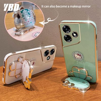 YBD มีเคสโทรศัพท์กระจกสำหรับ infinix Hot 30 Hot 30i Hot 30 Play 3D แมวน่ารักพับได้เคสซิลิโคนแบบนิ่มขายึดภาพสามมิติ