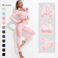 seamless female yoga workout clothes gym fitness long sleeve crop top high waist leggings sports bra