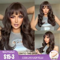 Long Brown Black Wavy Synthetic Wigs with Bang Natural Body Wave Hair Wig for Women Daily Cosplay Use Heat Resistant Fiber Wig  Hair Extensions Pads