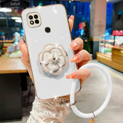 AnDyH For Xiaomi Redmi 10C Case,Fashion Luxury Beautiful Girls Floral Stand + Hand Ring Simple Solid Color Plated Soft Phone Case
