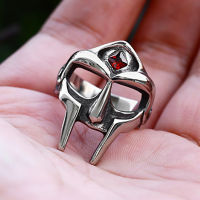 Vintage Classic Gothic MF DOOM Ring Punk Stainless Steel Mens Womens Red Stone Ring Wholesale Fashion Gifts Jewellery