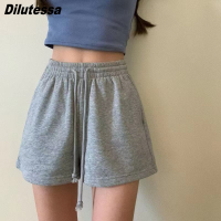 (S-5XL)Dilutessa กางเกงขาสั้นแบบลำลองสำหรับผู้หญิงเอวยางยืดสีทึบขนาดพิเศษกางเกงกีฬาขาสั้นพร้อมกระเป๋า