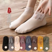 3 Pairs Warm Floor Velvet Socks Hollow Lace Low Tube Silicone Non-slip Socks Autumn Winter Thicken Meia Socks