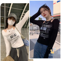 เสื้อยืดเว้าช่วงไหปลาร้า   เสื้อยืดเเฟชั่น   สไตล์สาวร้อนปิดไหล่  เสื้อยืดผู้หญิงฤดูใบไม้ร่วง  เสื้อยืดเเขนยาว