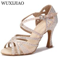 WUXIJIAO Women Party Dance Shoes Satin Shining rhinestones Soft Bottom Latin Dance Shoes Woman Salsa Dance Shoes heel5CM-10CM