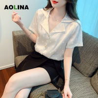 AOLINA เสื้อผู้หญิงแขนสั้นผ้าซาตินพิมพ์ลายคอวี,เสื้อฤดูร้อน2023