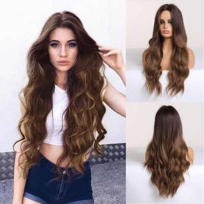 Long Brown Ombre Synthetic Wigs for Women Natural Hair Wavy Wigs Middle Part Female Wig Cosplay Heat Resistant Wigs cd