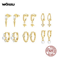 WOSTU 925 Sterling Silver Geometric Circle Hoop Earrings Minmalistic Ear Studs Buckles Shell Pearl Zircon Fine Jewelry for Women