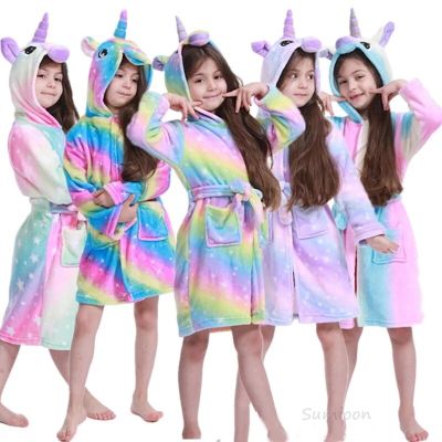 Kigurumi Unicorn Hooded Children Bathrobes Baby Rainbow Bath Robe Animal for Boys Girls Pyjamas Nightgown Kids Sleepwear 3 4 5 7 9 10 12 Years