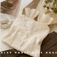 COD dhdfxcz Korean Style Women Ladies V Neck Crochet Lace Long Sleeve Shirt Blouse Baju Baju Wanita Lengan Panjang