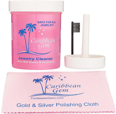 Caribbean Gem All Purpose Jewelry Cleaner Kit w/8oz Cleaning Solution, Polishing Cloth, Basket & Brush - Jewelry Cleaning Kit for All Gold, Silver, Diamonds, Rings, Gems & Precious Stones
