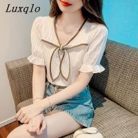 Luxqlo เสื้อแขนสั้นสำหรับผู้หญิง,เสื้อสตรีสไตล์เกาหลีลำลองทรงหลวมแฟชั่นใหม่โบว์สำหรับผู้หญิง