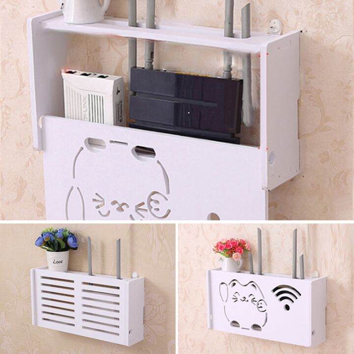 1xwireless-wifi-router-storage-box-shelf-wall-waterproof-bracket-cable-organizer-wood-plastic-wall-shelf-hanging-plug-bracket