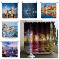 3D Digital Printing Resistant Waterproof Bathroom Shower Curtain New York Brooklyn Bridge Night View Shower Curtains London City Natural Scenery Modern Home Decor Hooks Bathroom Curtain Set