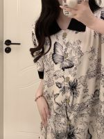 --SY23726☞✣∋ Extra large size 3 catties ghtdress womens summer ice silk feeg ese retro sle short-sed m-length jamas