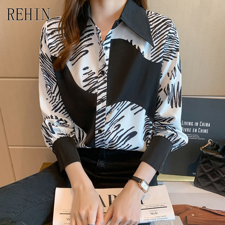 rehin-ของผู้หญิงด้านบนญี่ปุ่นอิดโรยสไตล์เสื้อแขนยาวผิดปกติเฆี่ยนสายกราฟฟิตีปกเสื้อชีฟองหรูหรา