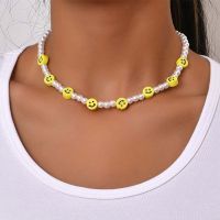 【CW】●◄  Boho Smiling Face Beaded Choker Necklace Happy Polymer Clay for Jewelry