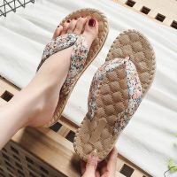 Imitation hemp bottom cool slippers 2023 broken flower cloth belt clip foot female Han outer rubber