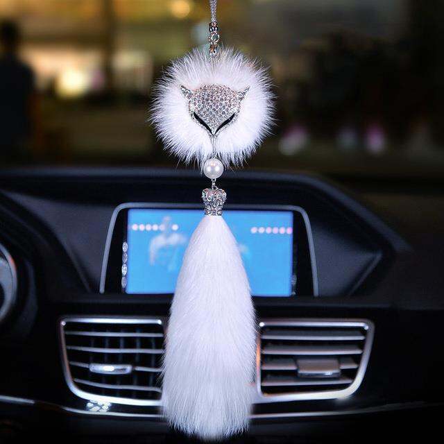 dfthrghd-car-crystal-bling-fox-plush-fur-tail-ball-pendant-animal-car-interior-decoration-rear-view-mirror-ornament-accessories-for-women